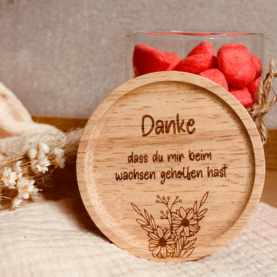 Vorratsglas "Danke, dass du mir - wachsen" die Geschenkidee für Erzieher- und Erzieherin, Tagesmutter oder Kindergarten, Lehrer, Lehrerin oder Kita | Geschenkglas mit graviertem Holzdeckel